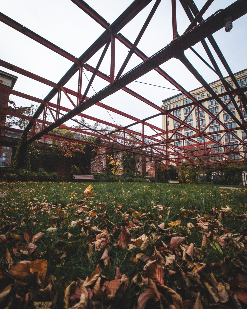 A park with scattered fallen leaves on the grass, viewed from a low angle, with industrial red metal scaffolding overhead against a backdrop of urban buildings.