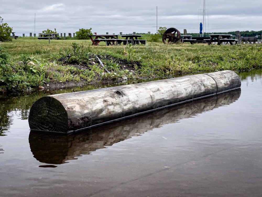 Photo of a log and its reflection in a large puddle in front of a grassy field on a stormy day