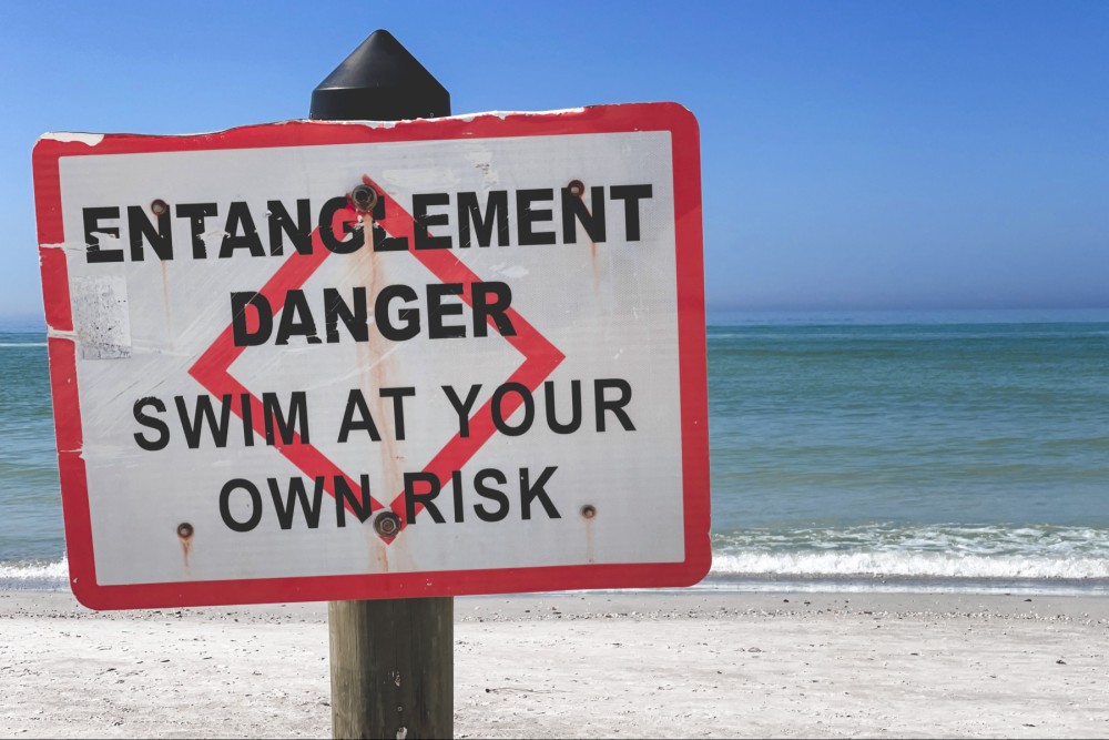 Weathered sign that reads 'ENTANGLEMENT DANGER: Swim at your own risk' in red letters in front of an empty beach with a bright blue sky.