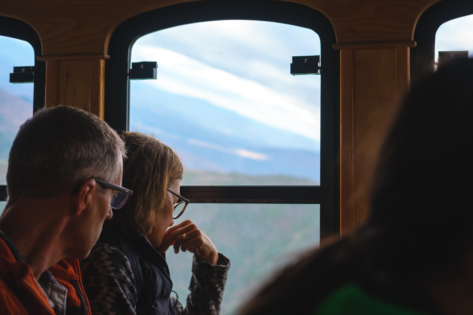 Two passengers looking out through the windows of a train at a scenic mountain landscape.
