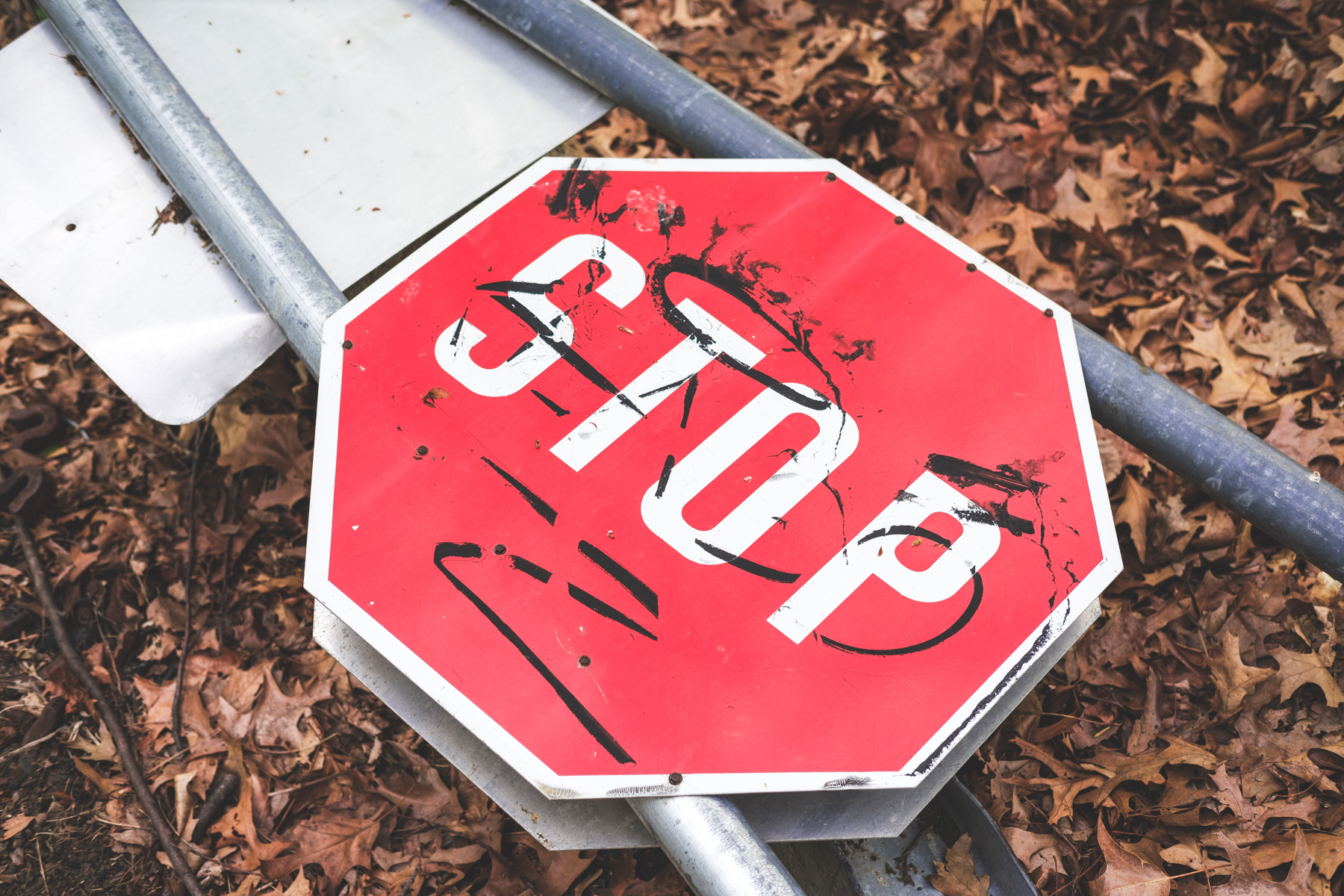 A stop sign with black markings lying on the ground with brown leaves around it.